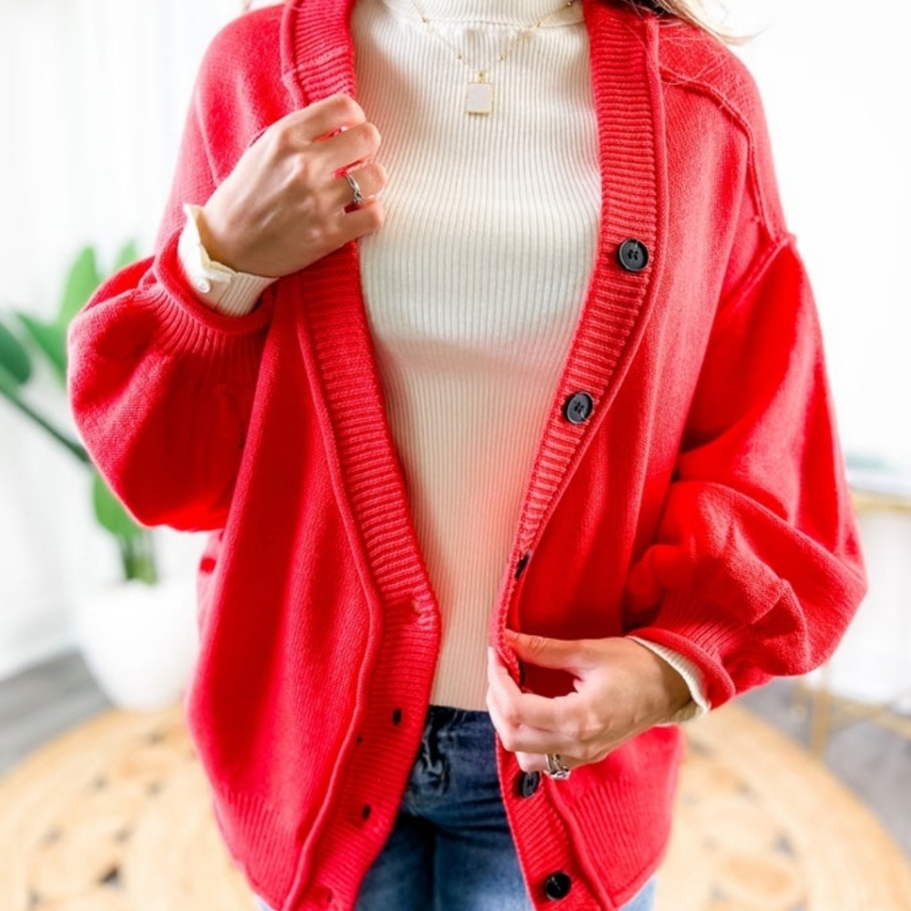 New POL loose fit button cardigan balloon sleeve sz XL red